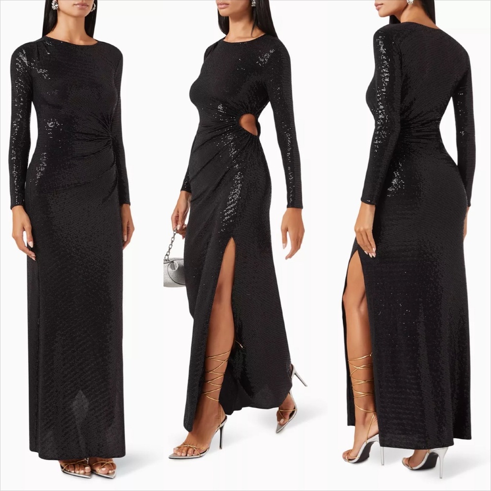 Maje Rilexisa sequin shiny long sleeve cut out leg slit gown FINAL PRICE